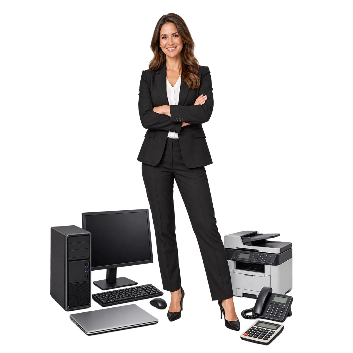 Business professional beside a desktop computer, laptop, printer, office phone and calculator