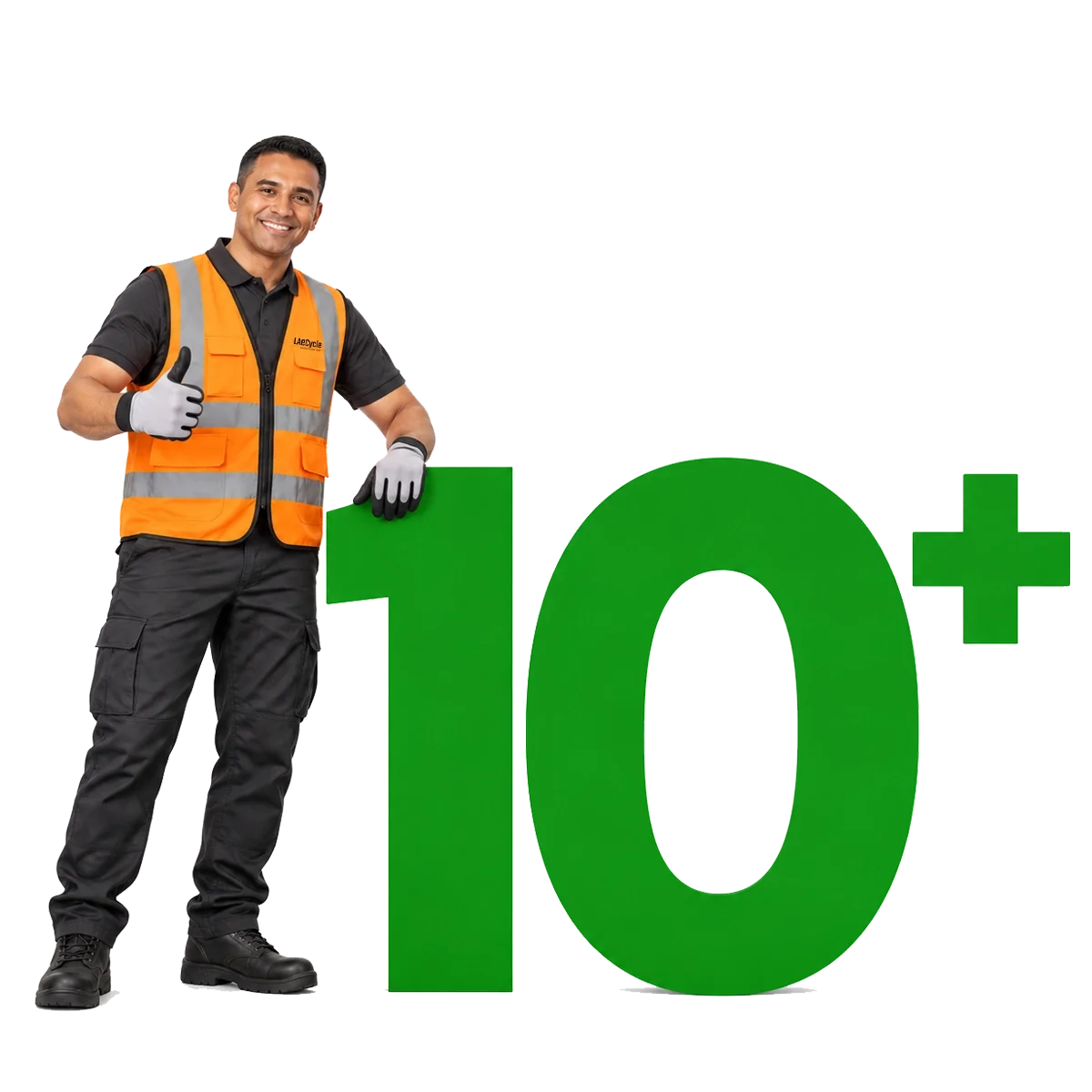 LAeCycle team member beside a green 10-plus sign representing qualifying business pickup devices
