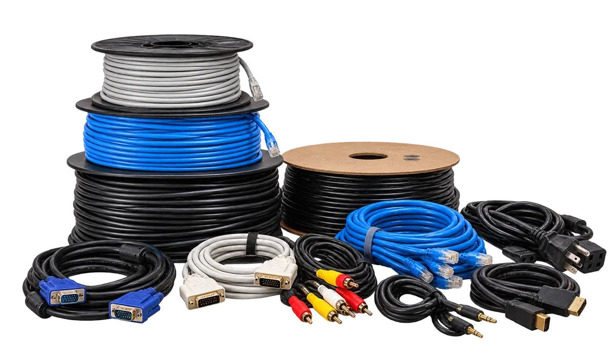 Computer cables, power cords and network cables prepared for recycling