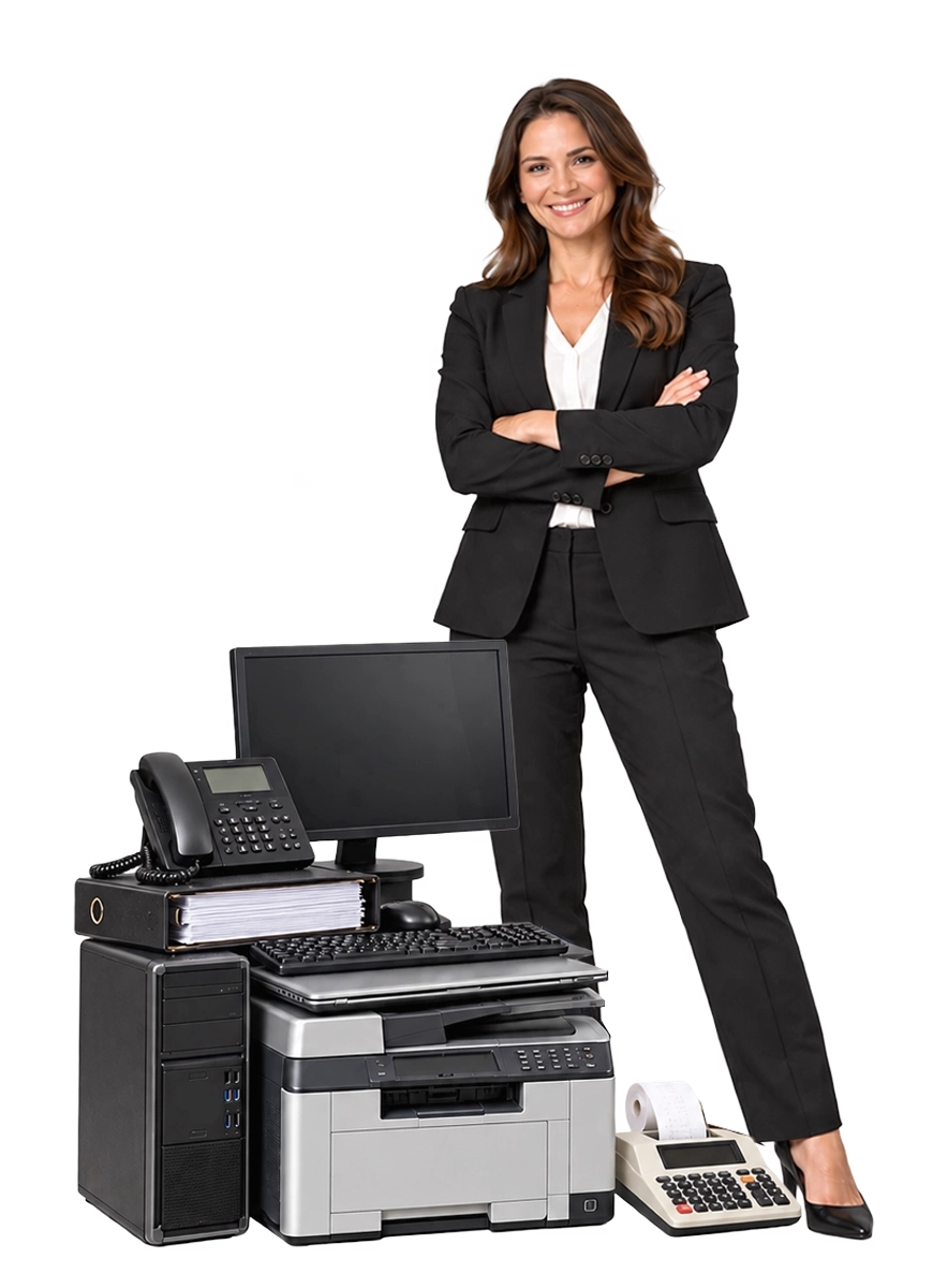 Accounting professional with computers, office electronics, and a printer