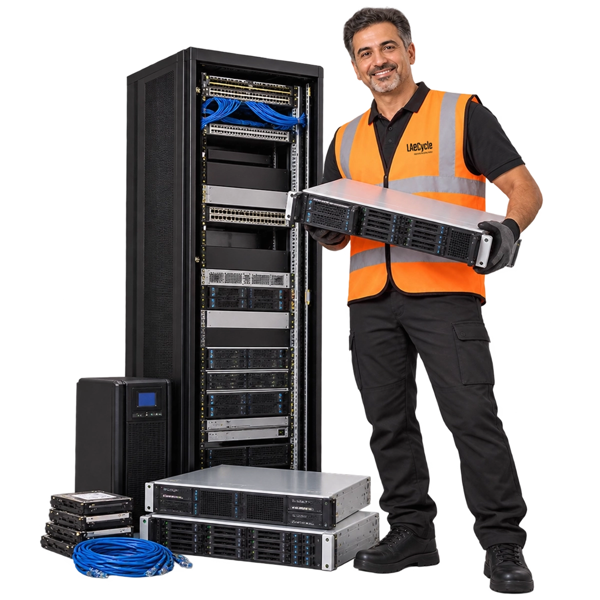 LAeCycle technician holding a server beside a server rack, storage drives, UPS and networking cables