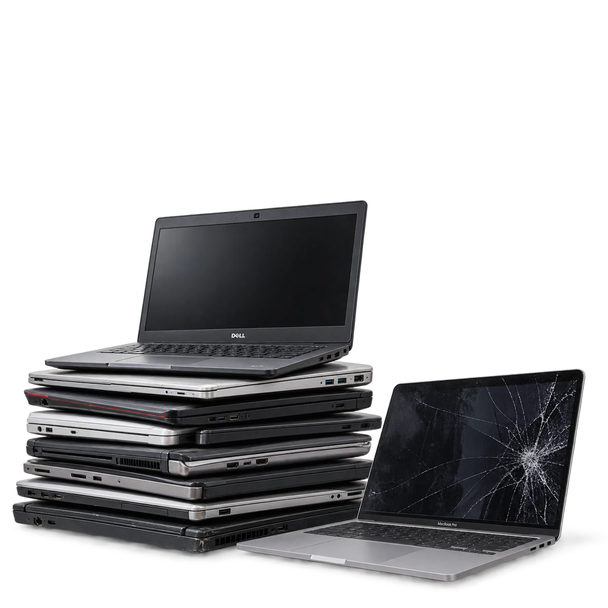 Working and broken laptops prepared for recycling in Los Angeles