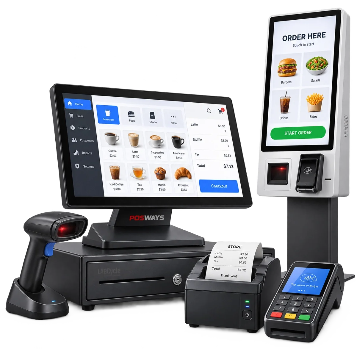 POS terminal, self-service kiosk, barcode scanner, receipt printer, cash drawer and payment terminal prepared for recycling