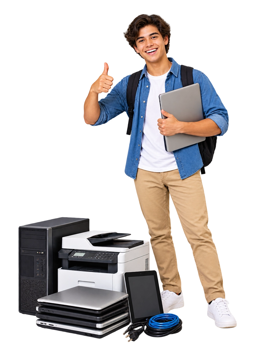 Student with computers and classroom electronics for recycling