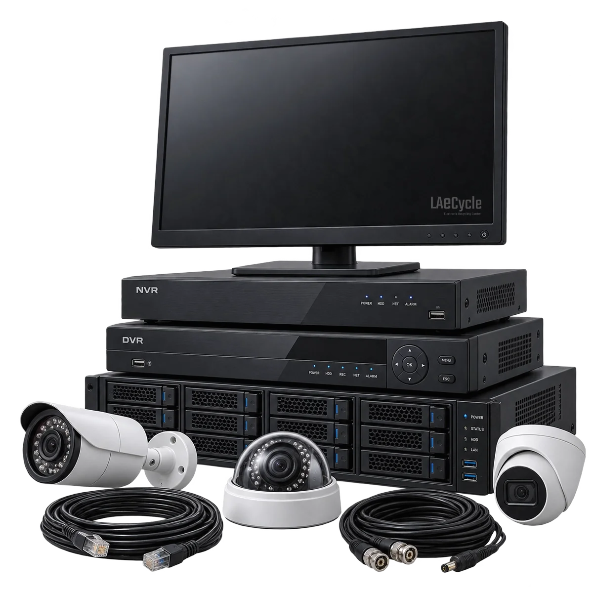 Security cameras, DVRs, NVRs and surveillance recording equipment prepared for recycling