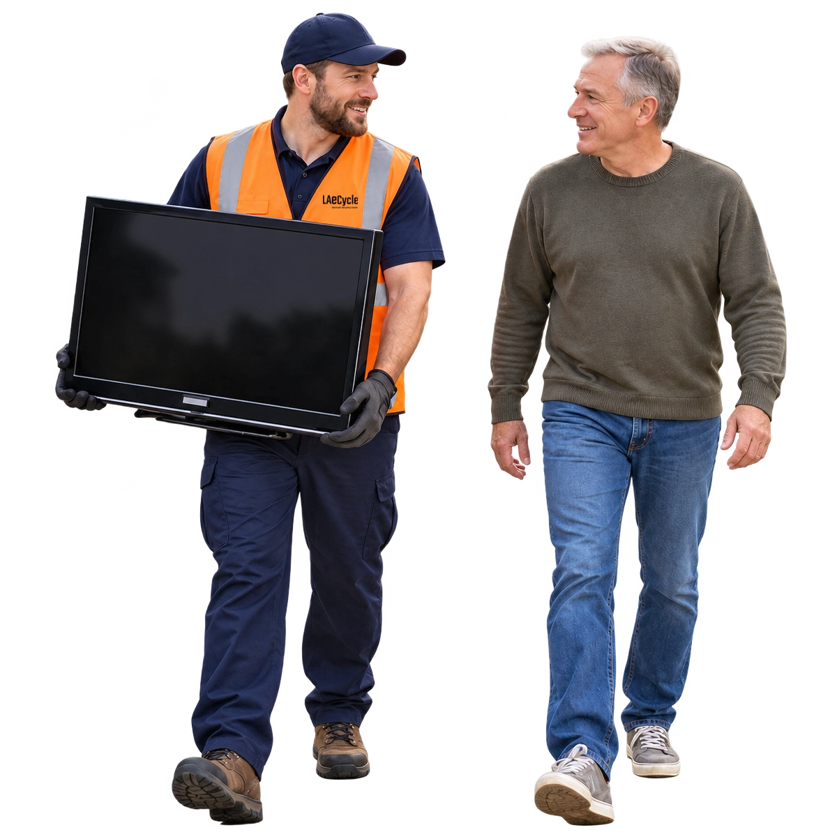LAeCycle team member carrying a television beside a resident