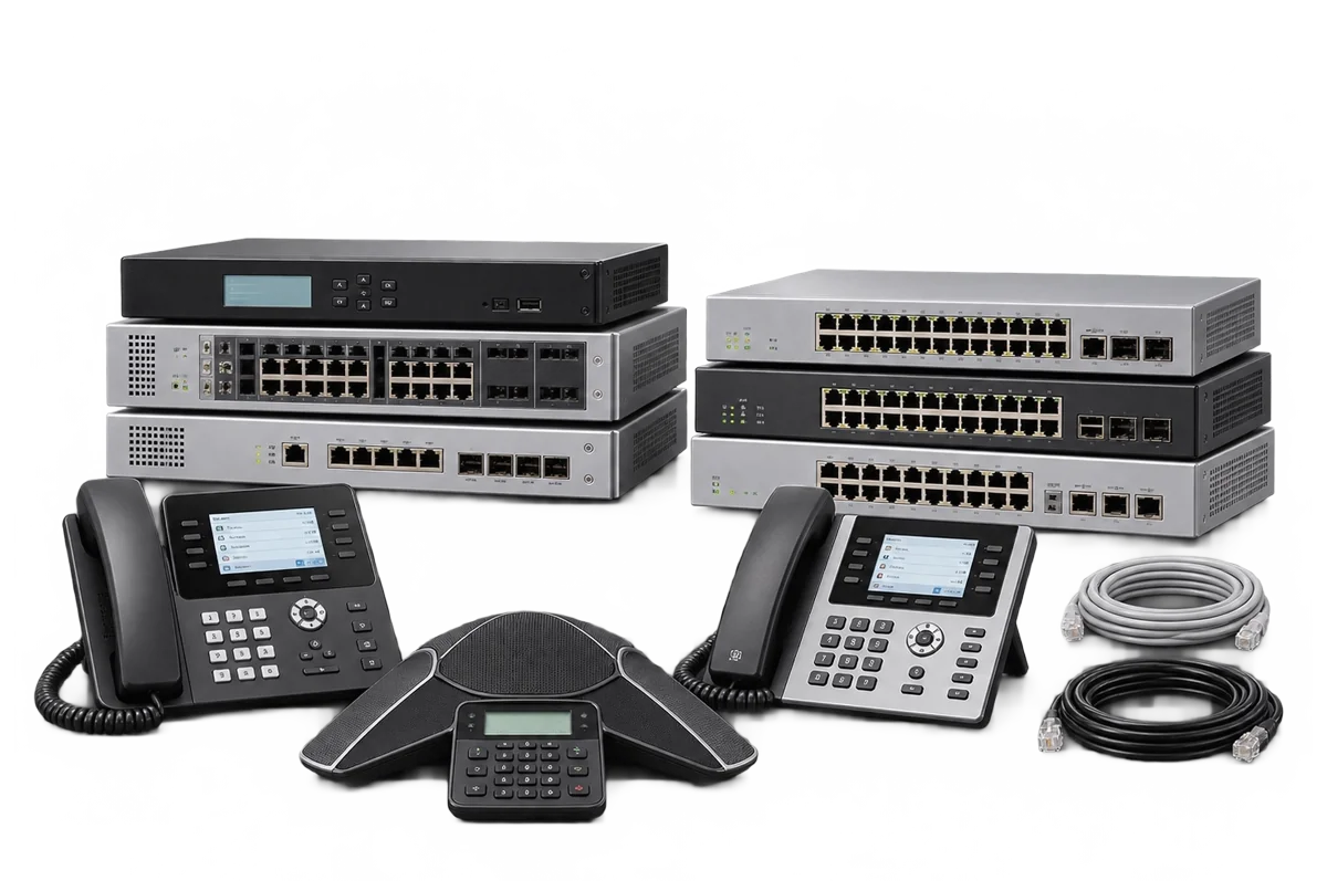 Office desk phones, conference phone, PBX and network equipment with cables prepared for recycling